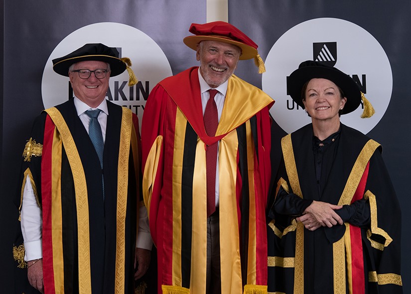 February 2019: Peter Norden with Deakin Chancellor Mr John Stanhope AM and Vice Chancellor Professor Jane den Hollander AO
